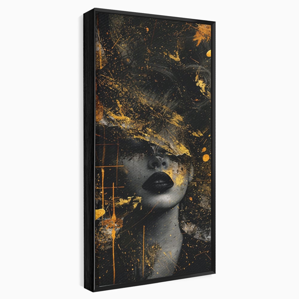 Tablou canvas cu tablou canvas cu portret feminin si pete aurii, in rama de aluminiu negru